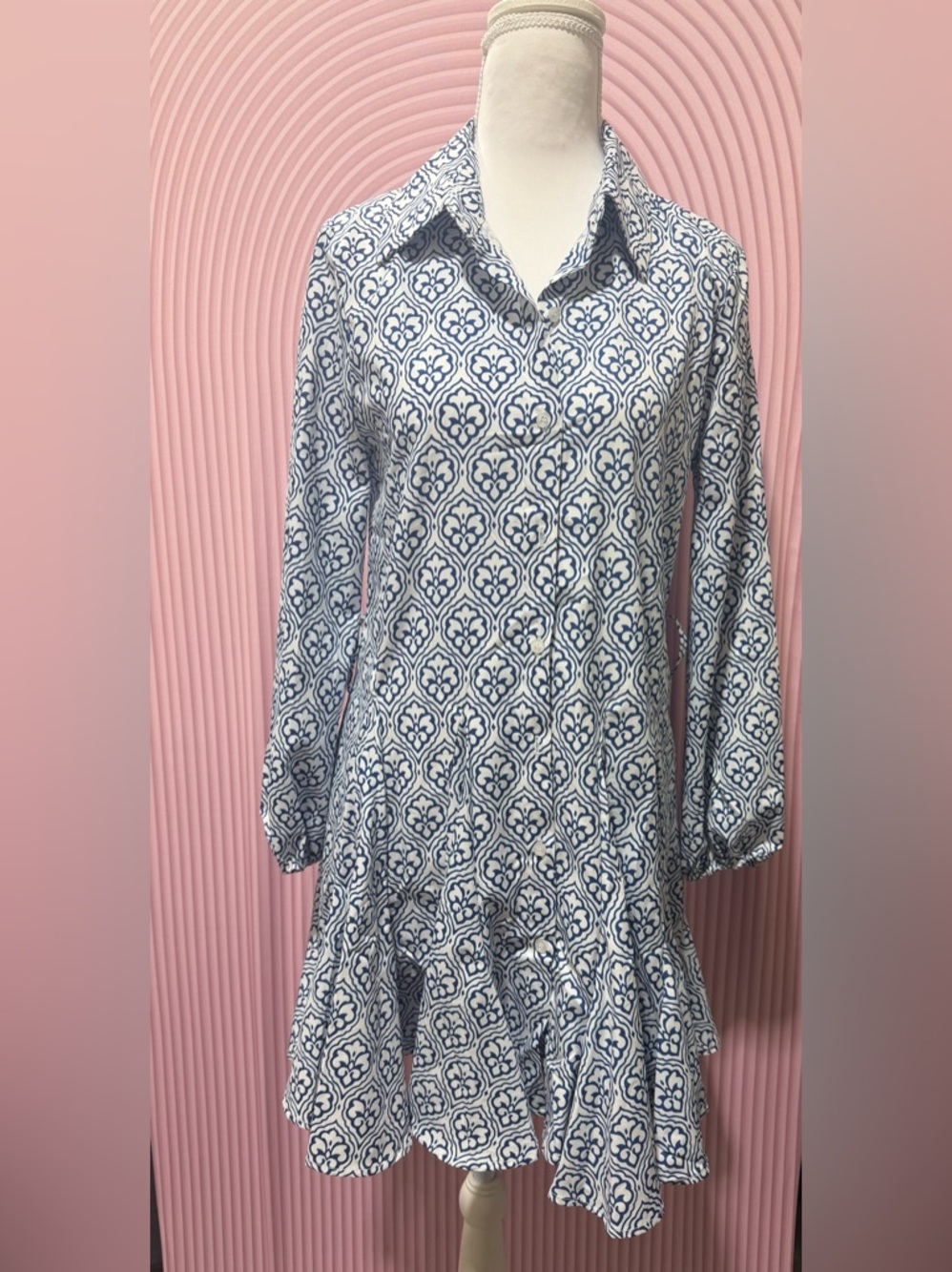 Source Unknown White and Navy Patterned Mini Dress